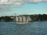 Purjelaiva suuntaamassa merelle ...